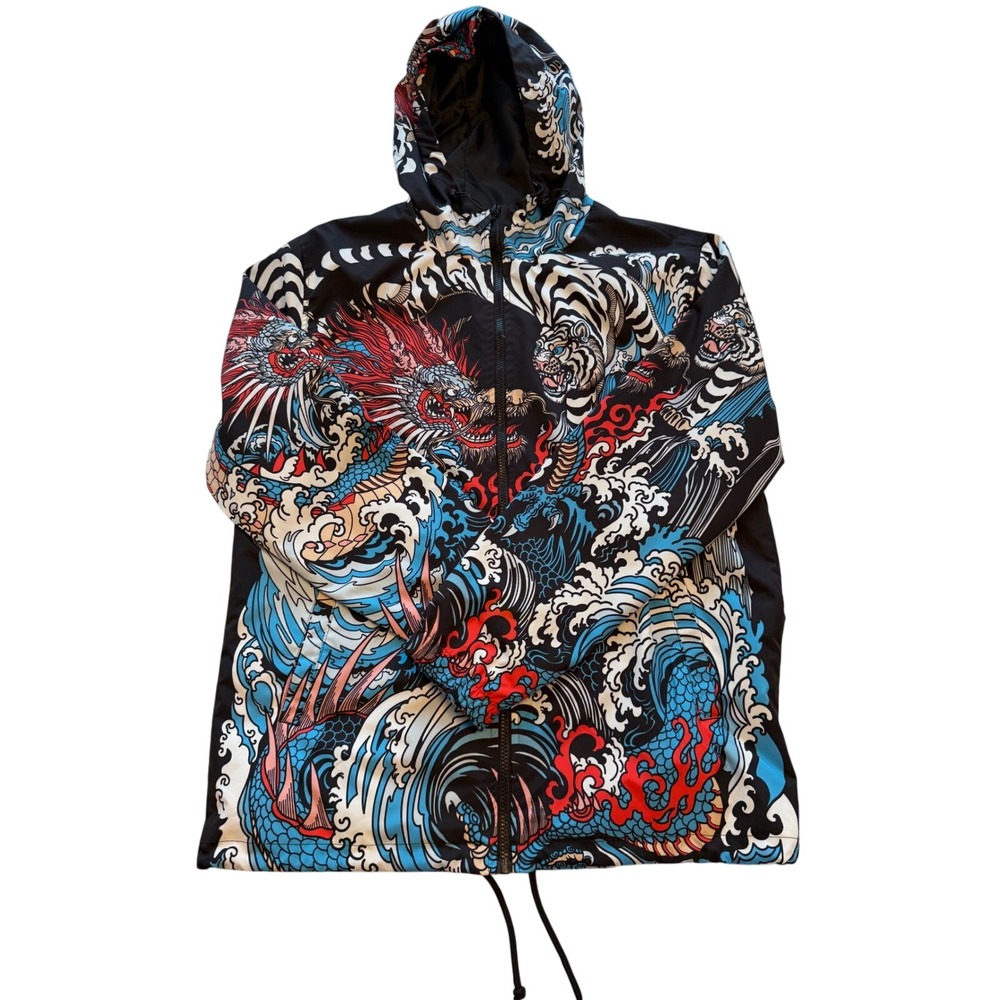 Rebel Vengeance Mens XL Dragon Tiger Graphic Windbreaker Hooded Jacket Black